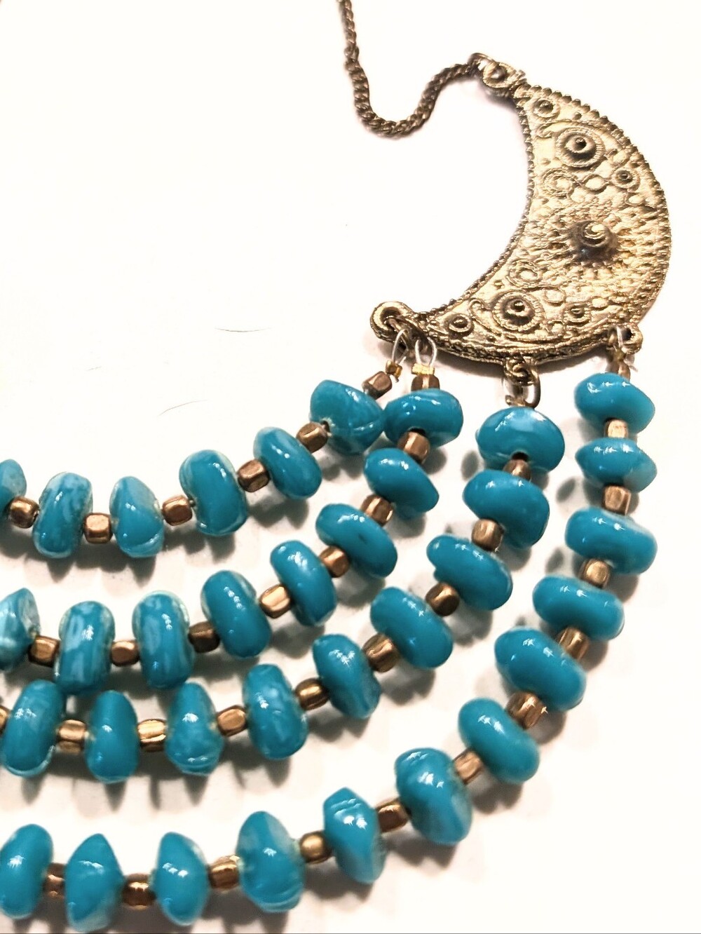 Vintage Turquoise Bead Layered Gold Celestial Moon Fairy Witchy Necklace - Picture 3 of 3